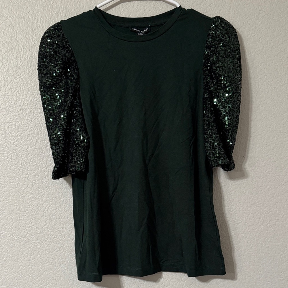 Hilary Radley Green Top with Sequin Sleeves